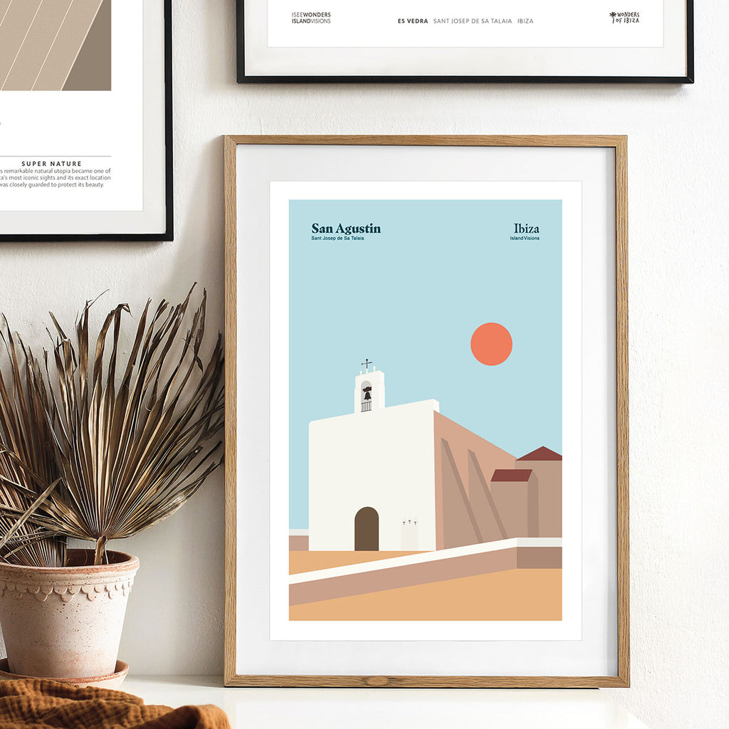 Framed Minimal style graphic design Ibiza print of San Agustin Church, Ibiza.