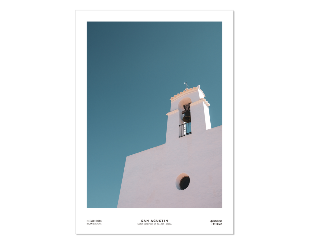 Photographic print featuring the front elevation of the Sant Agusti des Vedra church in the village of San Agustin, Ibiza.