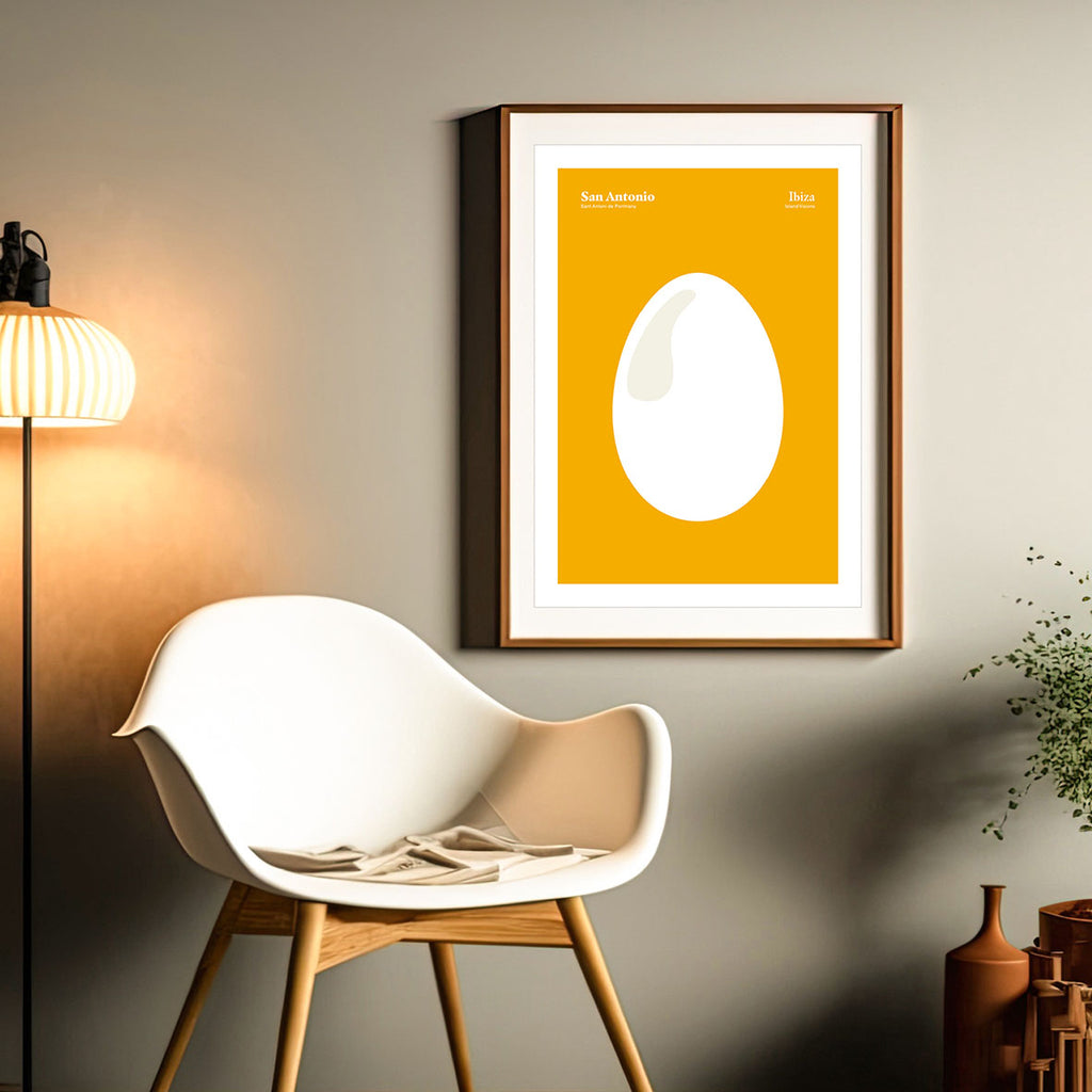 Framed Minimalist Ibiza art print of an egg representing The Egg monument in San Antonio Ibiza