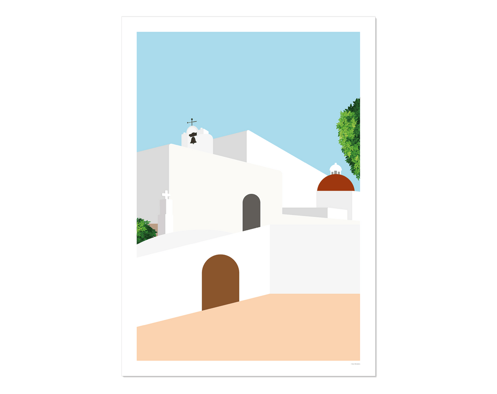 Graphic design giclée art print of Puig de Missa church, Santa Eulalia, Ibiza.