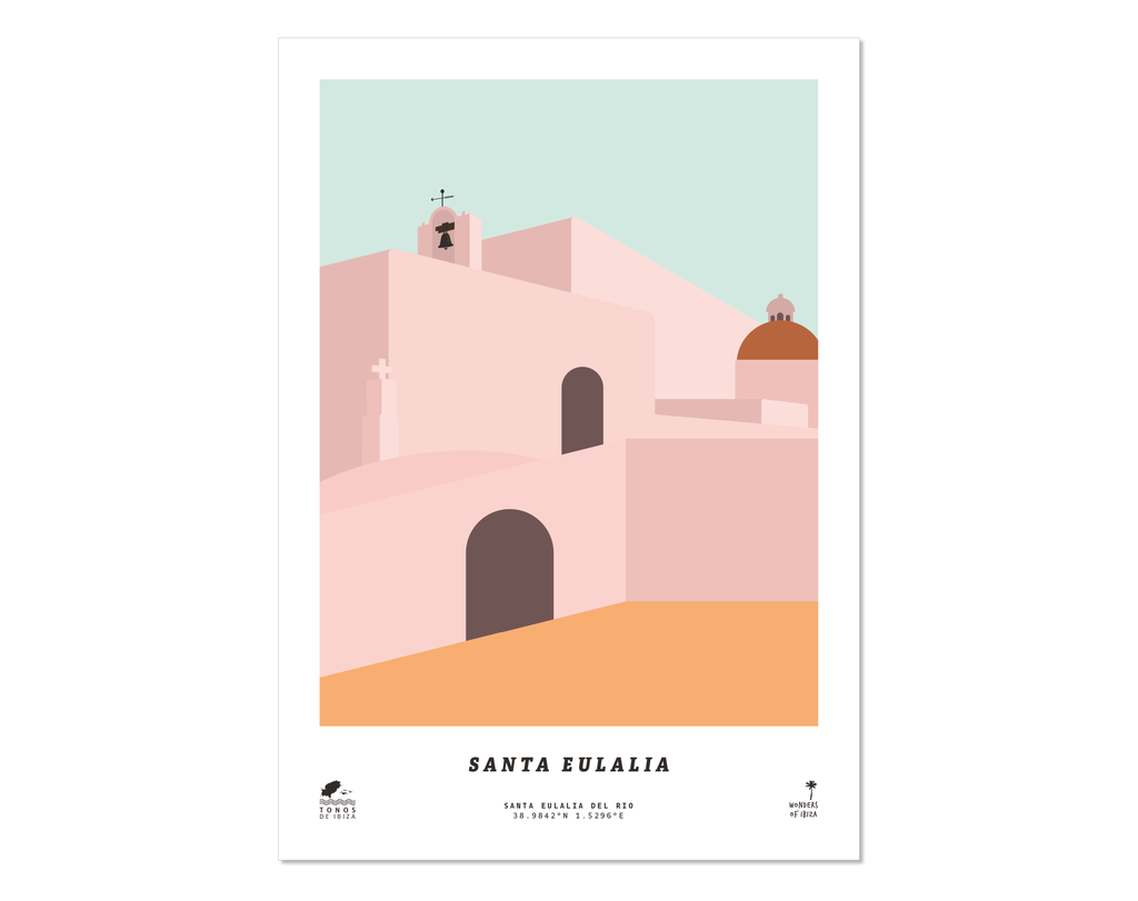 Minimal style graphic design print of Puig de Missa church, Santa Eulalia, Ibiza.
