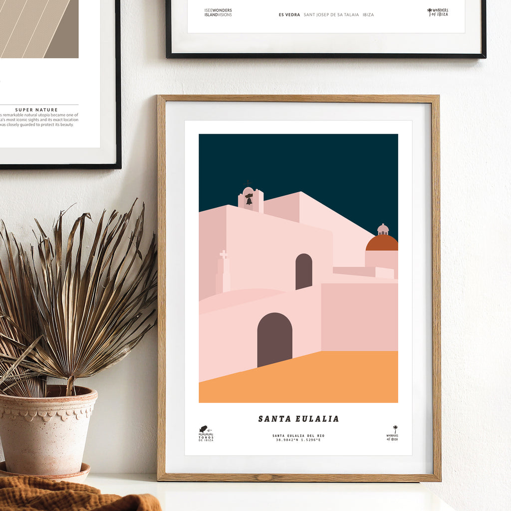 Framed minimal style graphic design print of Puig de Missa church, Santa Eulalia, Ibiza.