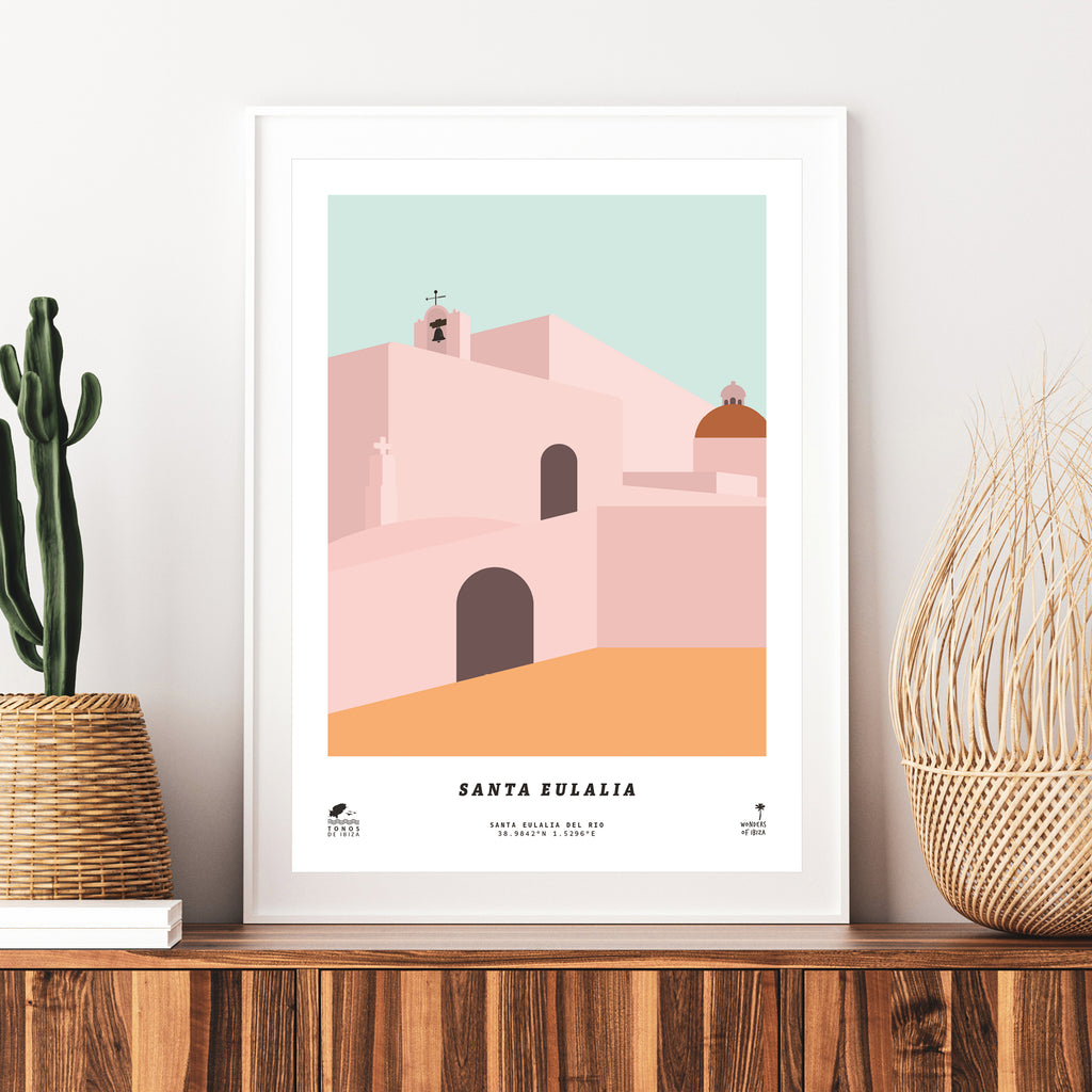 Framed Minimal style graphic design print of Puig de Missa church, Santa Eulalia, Ibiza.