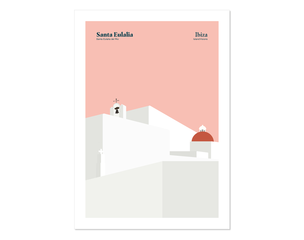 Minimal style graphic design Ibiza art print of Puig de Missa church, Santa Eulalia, Ibiza.