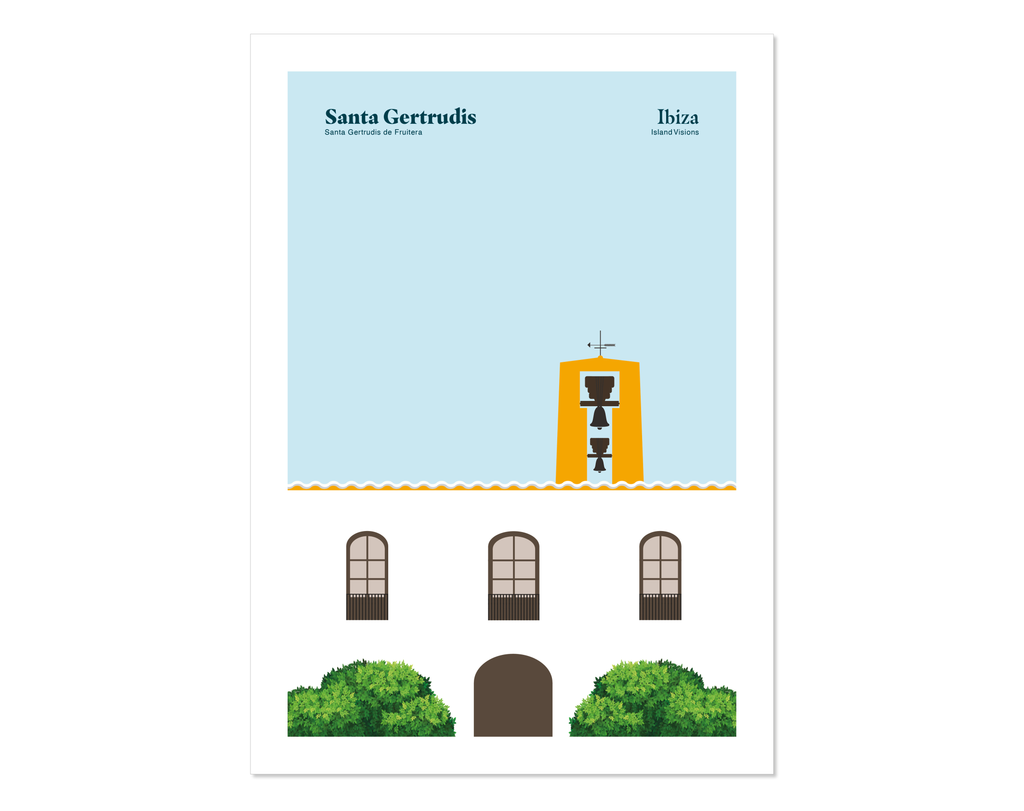 Minimal style graphic design Ibiza art print of Santa Gertrudis church, Ibiza.
