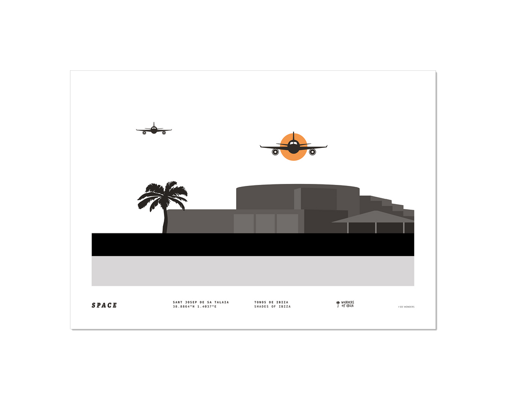 Minimal style graphic design print of club Space, Ibiza.