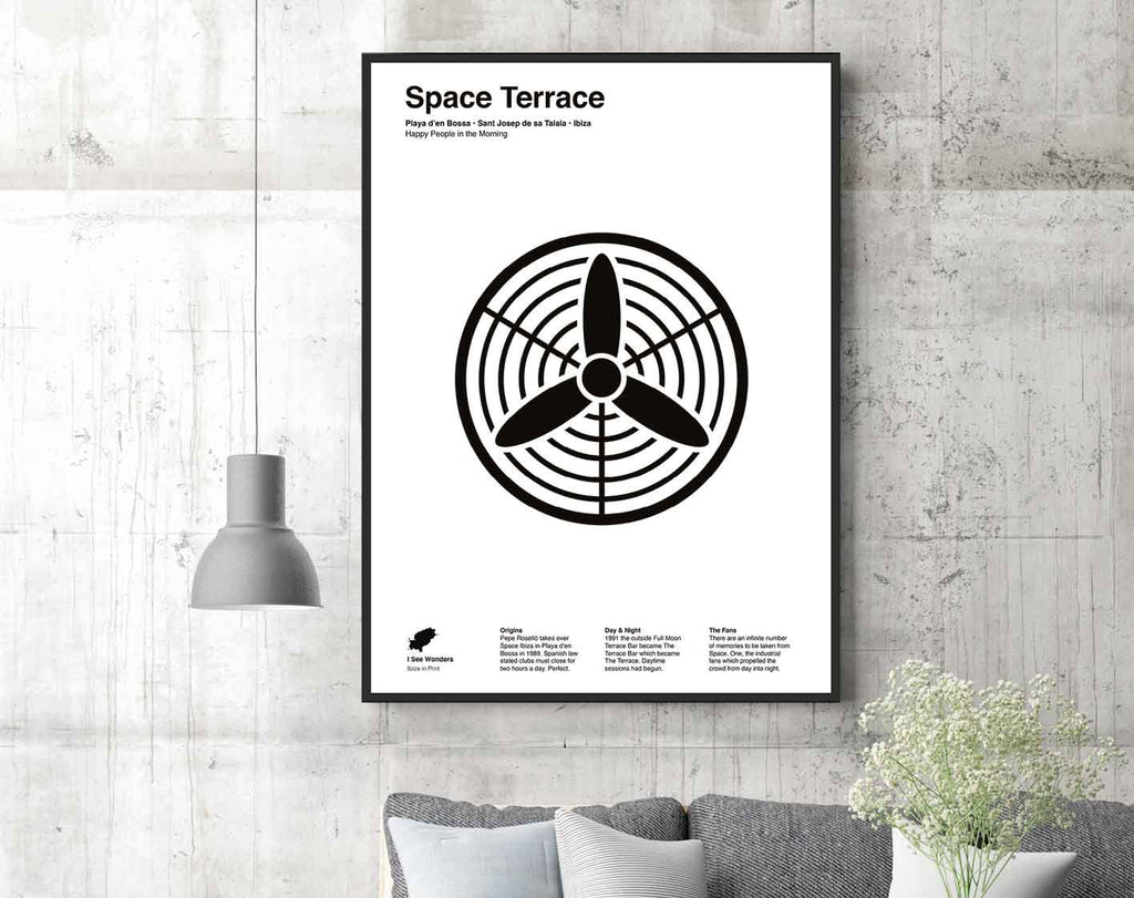 Framed black and white minimal style art print of the fans on the terrace at Space , Ibiza.