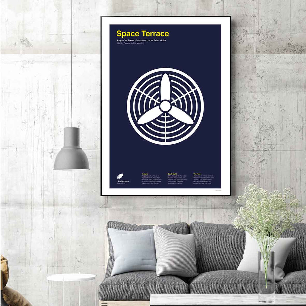 Framed minimal style graphic design print of the fans at Space Terrace, Ibiza.