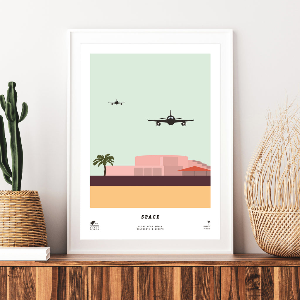 Framed minimal style graphic design print of club Space, Ibiza.