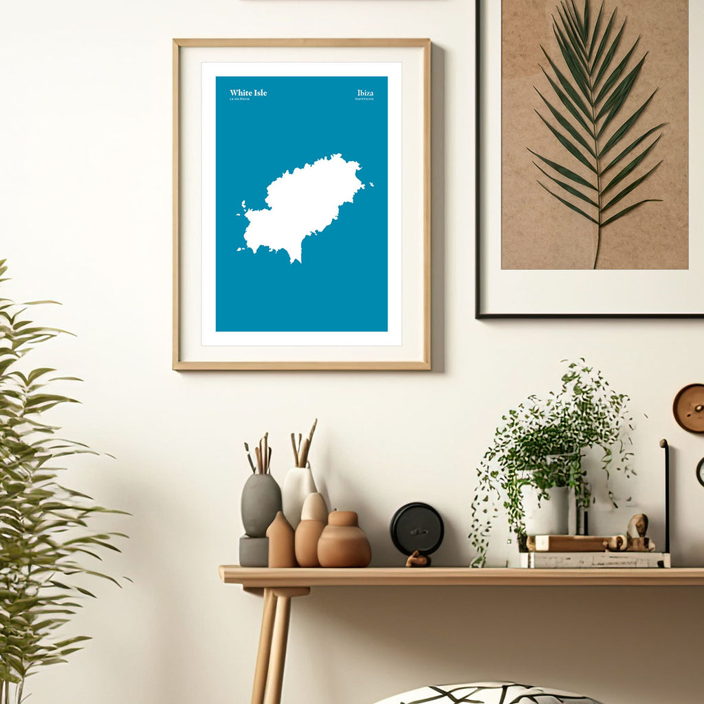 Framed Minimal style graphic design Ibiza art print of the island of Ibiza from above, also known as the white isle.