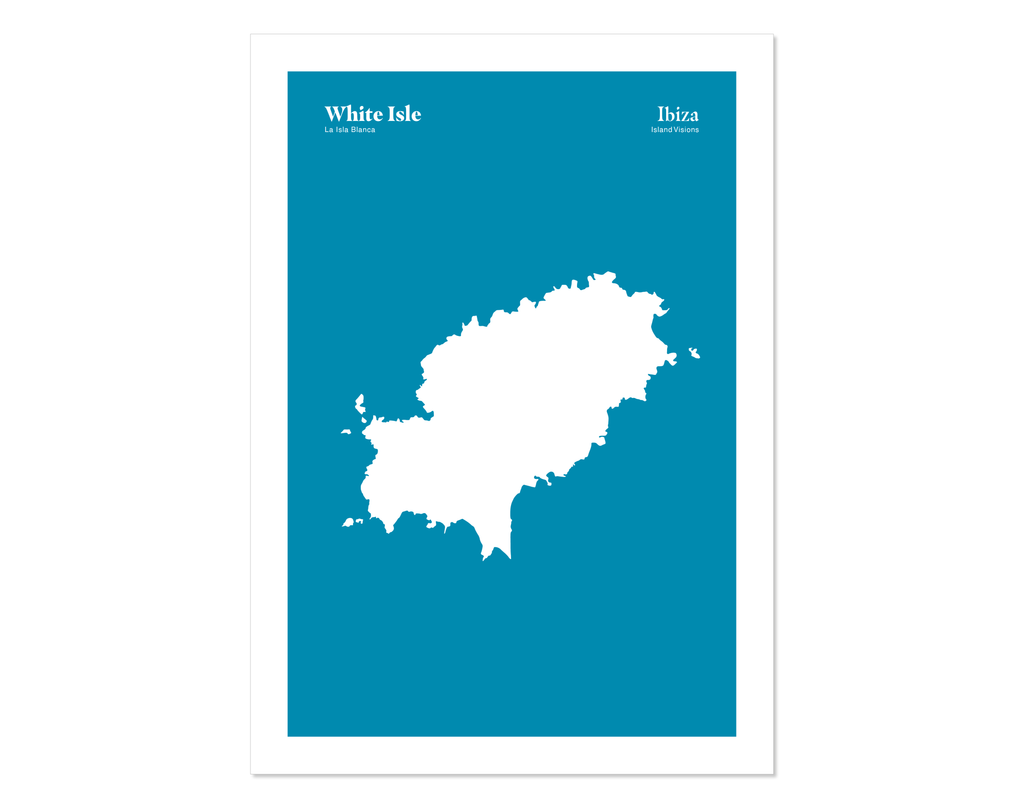 Minimal style graphic design Ibiza art print of the island of Ibiza from above, also known as the white isle.