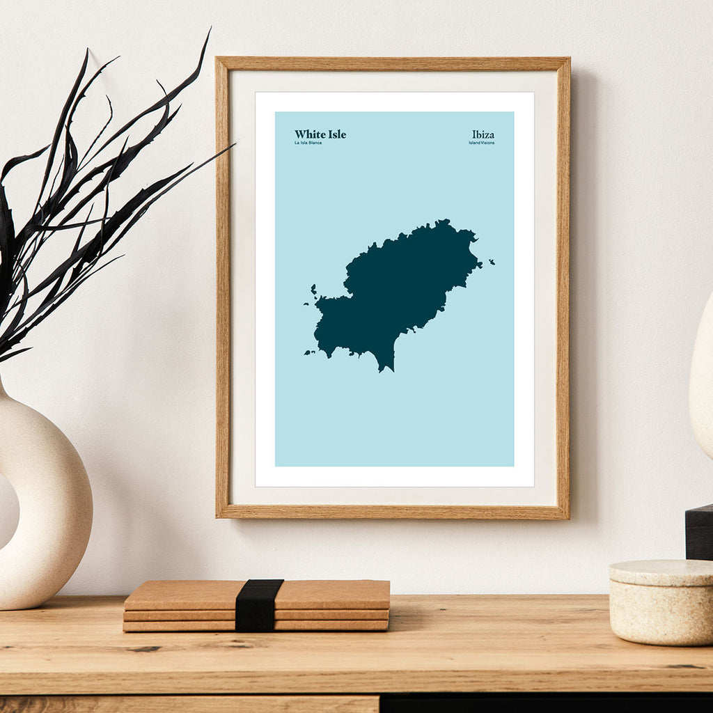 Framed Minimal style graphic design Ibiza art print of the island of Ibiza from above, also known as the white isle.
