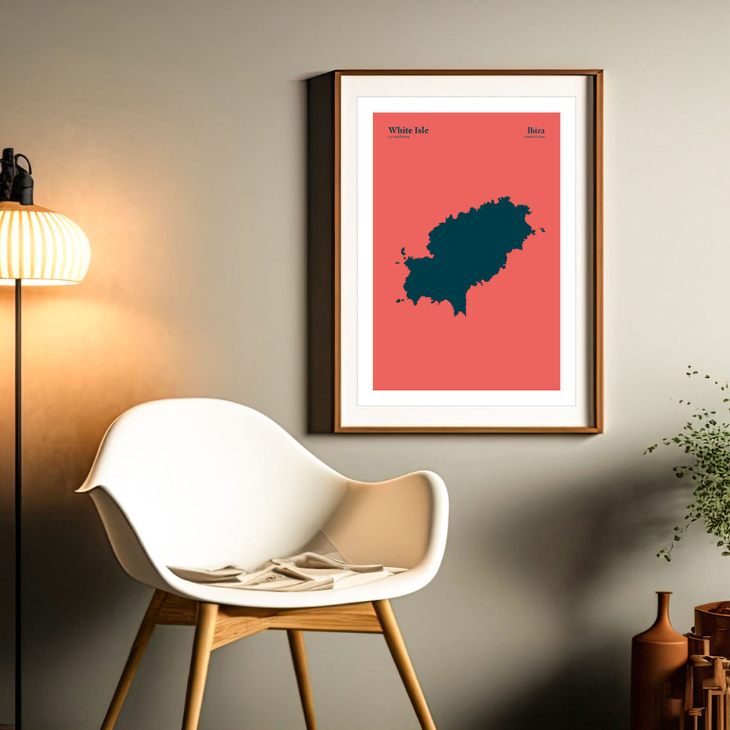 Framed Minimal style graphic design art print of the island of Ibiza from above, also known as the white isle.  