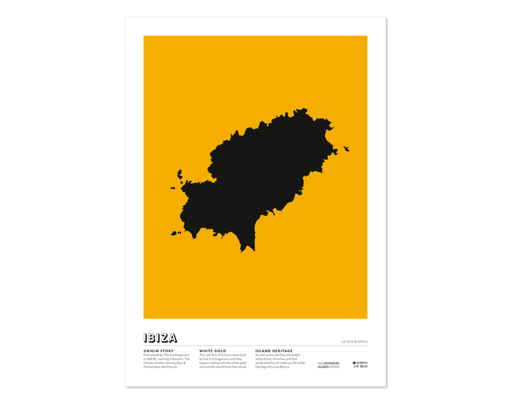 Minimal style graphic design art print of the island of Ibiza from above in black with a rich yellow background.  