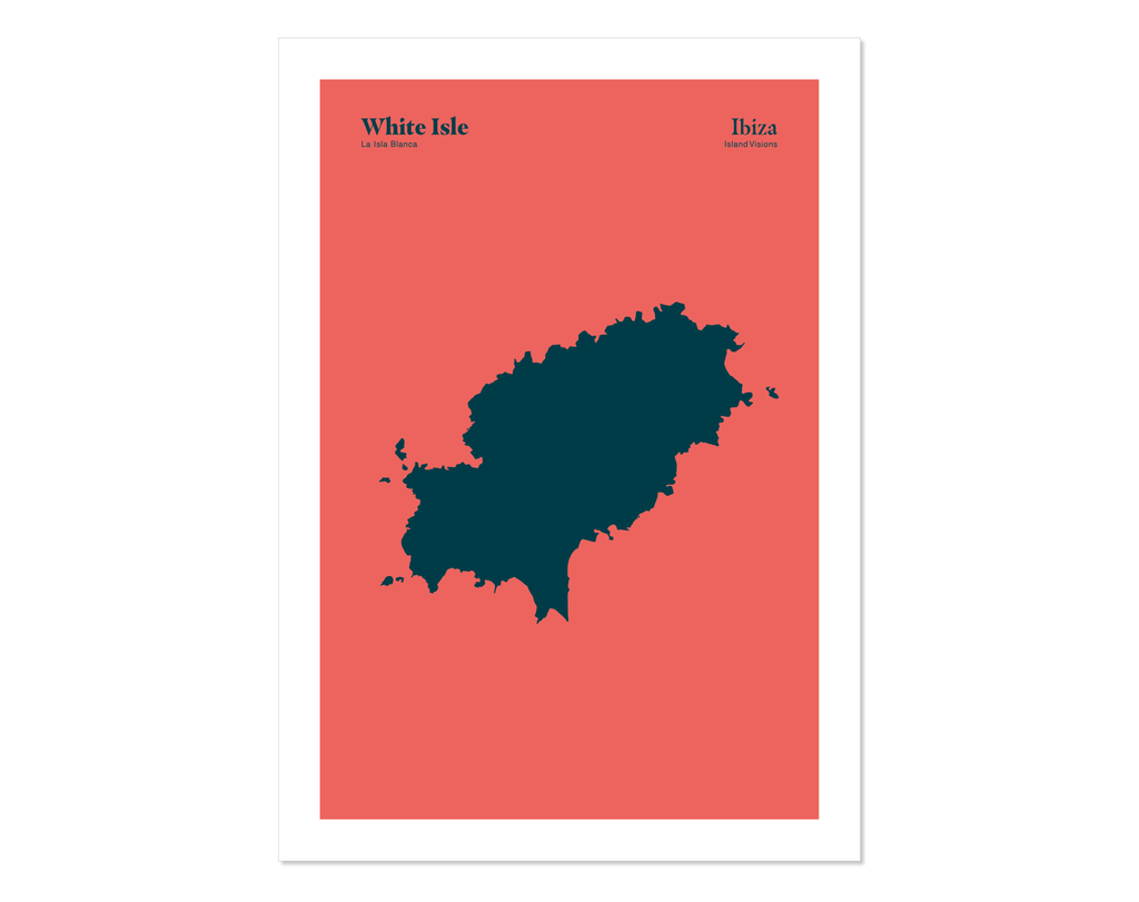 Minimal style graphic design Ibiza art print of the island of Ibiza from above, also known as the white isle.  